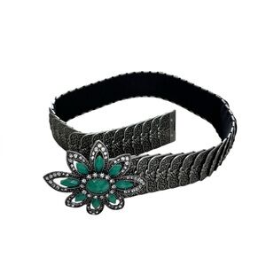 Vintage Y2K Boho Silver Metal Belt Flower Turquoise Rhinestone Buckle 29”